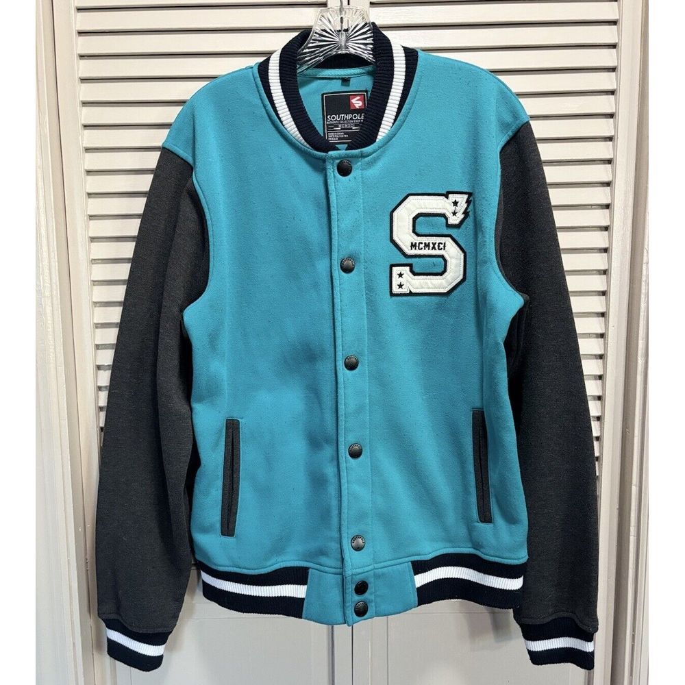 Southpole Varsity Jacket Teal/Gray Snap Up Pockets Size Large‎ Embroidered Logo